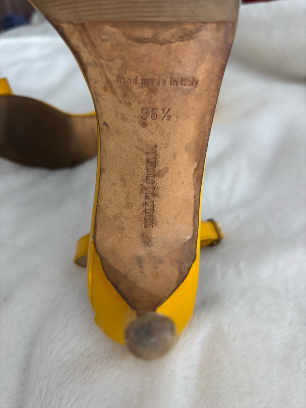 Manolo Blahnik Yellow Patent Ankle-Strap Sandals - Picture 6 of 11